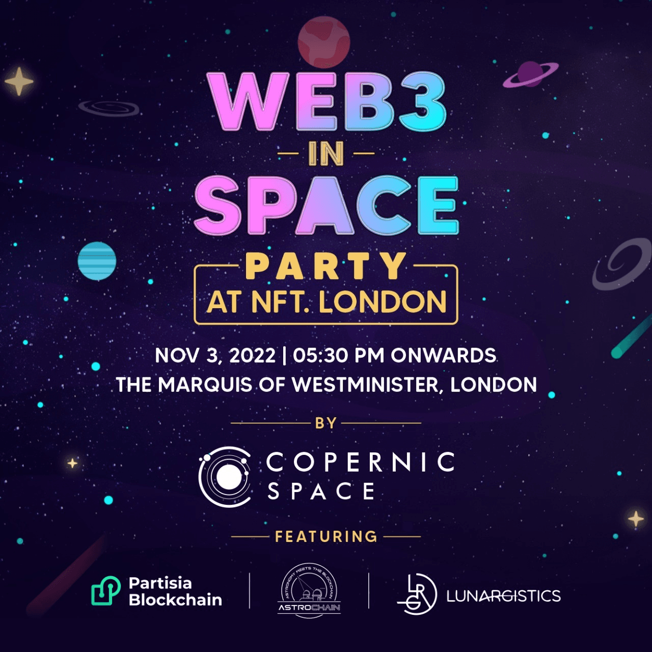 Web3 in Outer Space party at NFT.London with Copernic Space